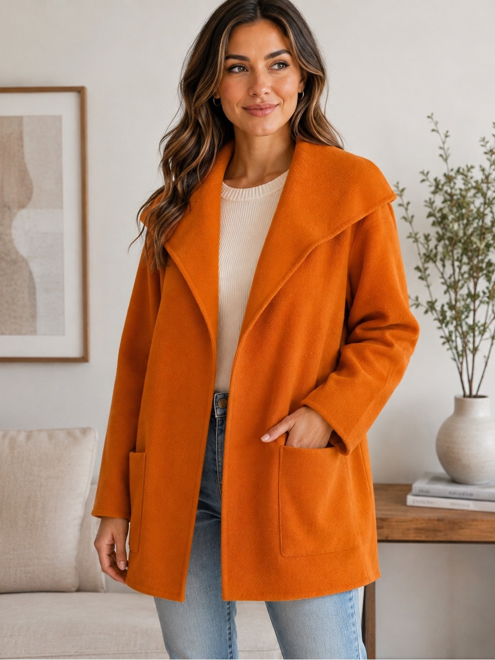 Eileen Fisher XL Orange Wool Cashmere Open Front Coat Jacket Oversized